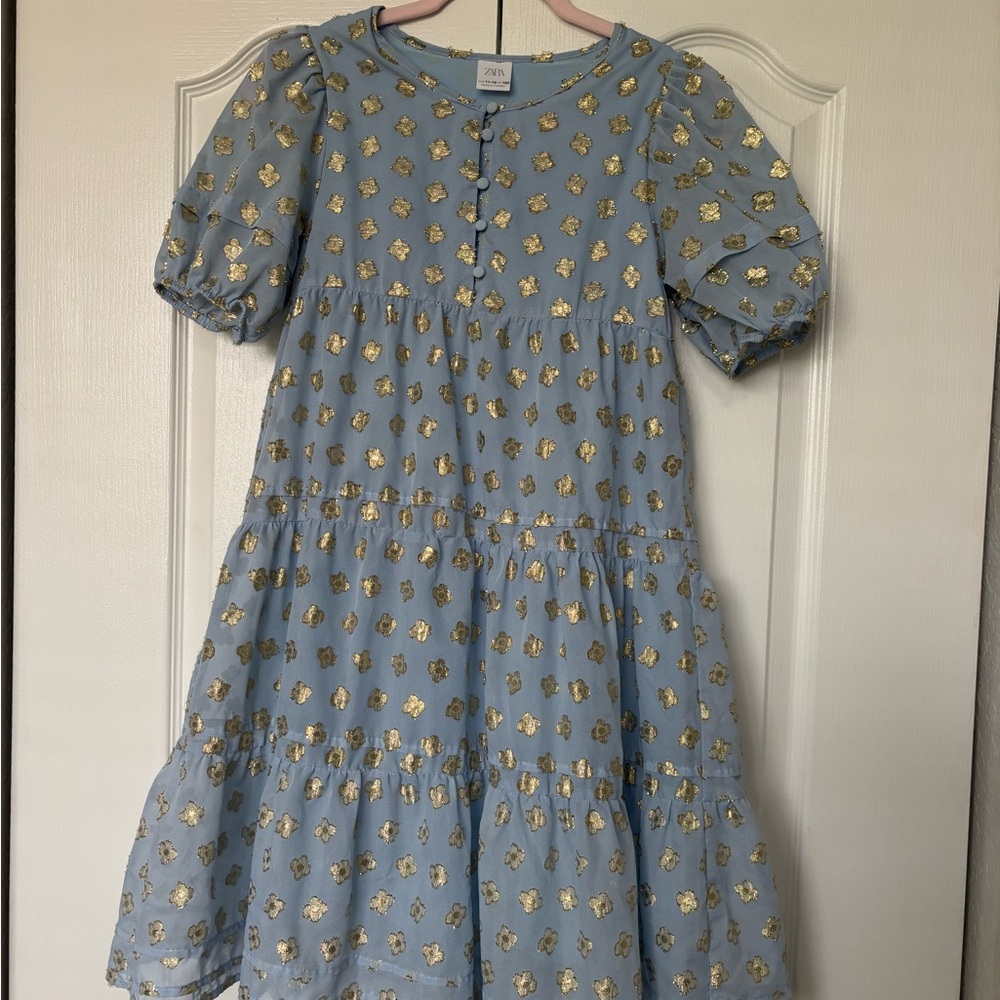 Zara Blue and Gold Ruched Ruffled Sundress - Picture 5 of 5